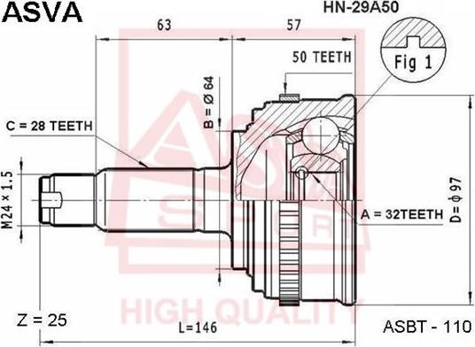 ASVA HN-29A50 - Комплект ШРУСа, приводной вал, шарнир abcparts.ee