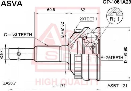 ASVA OP-1051A29 - Комплект ШРУСа, приводной вал, шарнир abcparts.ee