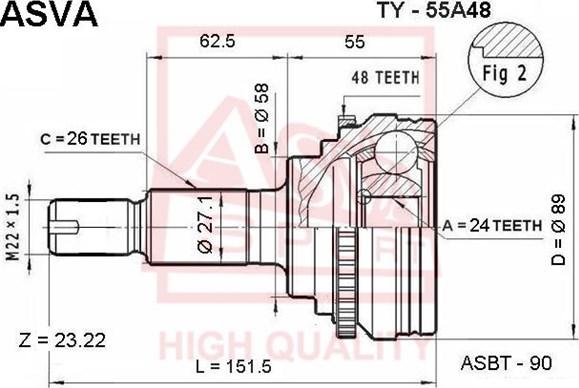 ASVA TY-55A48 - Комплект ШРУСа, приводной вал, шарнир abcparts.ee
