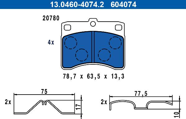 ATE 13.0460-4074.2 - Тормозные колодки, дисковые, комплект abcparts.ee