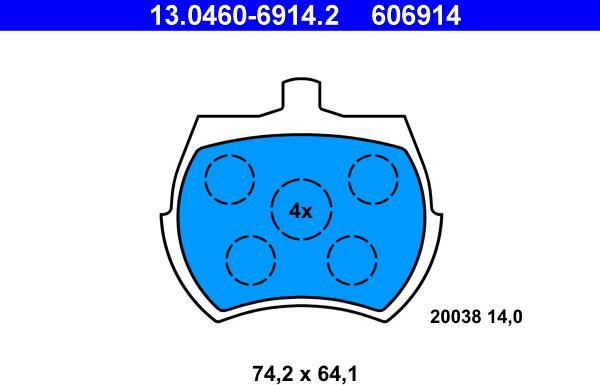 ATE 13.0460-6914.2 - Тормозные колодки, дисковые, комплект abcparts.ee