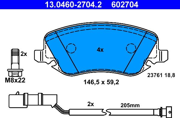 ATE 13.0460-2704.2 - Тормозные колодки, дисковые, комплект abcparts.ee