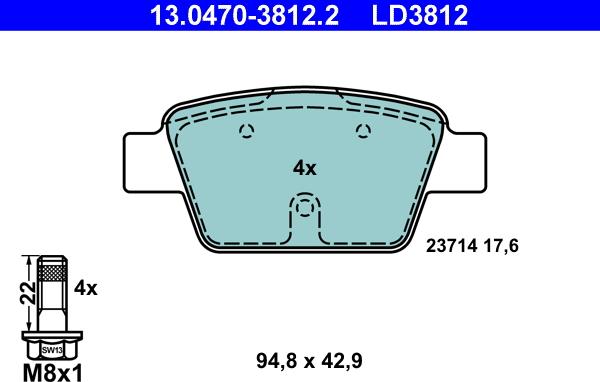 ATE 13.0470-3812.2 - Тормозные колодки, дисковые, комплект abcparts.ee