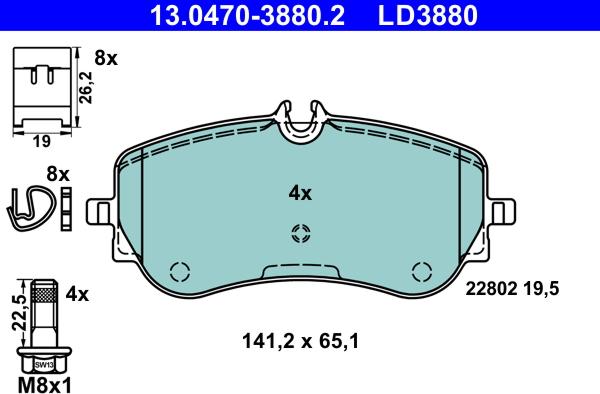 ATE 13.0470-3880.2 - Тормозные колодки, дисковые, комплект abcparts.ee