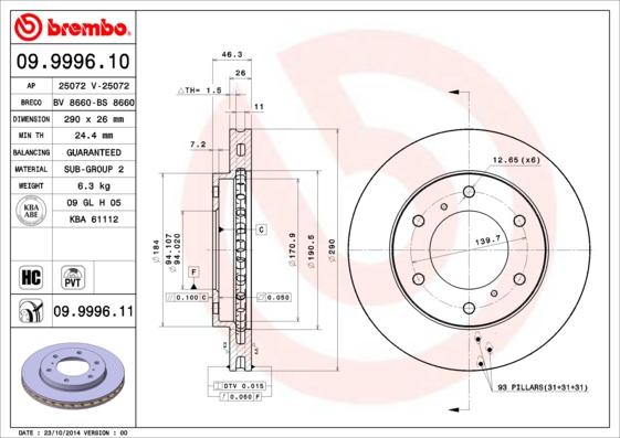 Brembo 09.9996.10 - Тормозной диск abcparts.ee