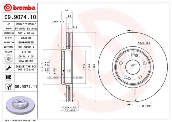 Brembo 09.9074.10 - Тормозной диск abcparts.ee