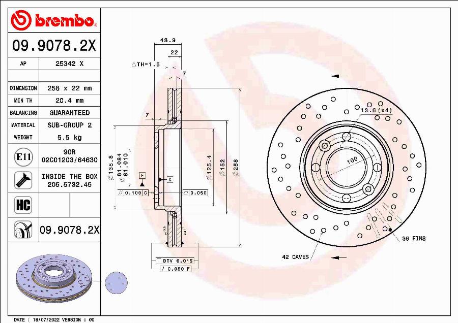 Brembo 09.9078.2X - Тормозной диск abcparts.ee