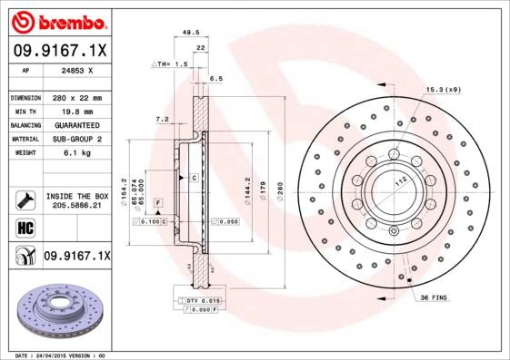 Brembo 09.9167.1X - Тормозной диск abcparts.ee