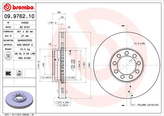 Brembo 09.9762.10 - Тормозной диск abcparts.ee