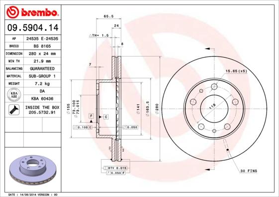 Brembo 09.5904.14 - Тормозной диск abcparts.ee