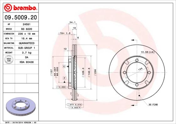 Brembo 09.5009.20 - Тормозной диск abcparts.ee