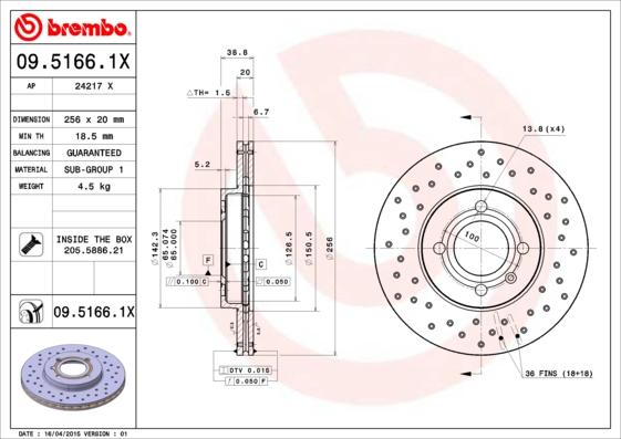 Brembo 09.5166.1X - Тормозной диск abcparts.ee