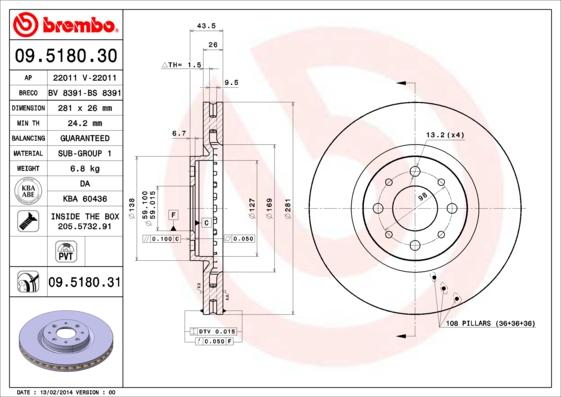 Brembo 09.5180.30 - Тормозной диск abcparts.ee