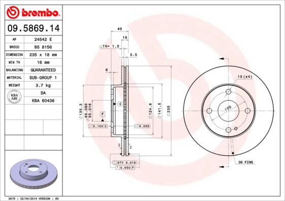 Brembo 09.5869.14 - Тормозной диск abcparts.ee