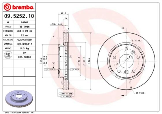 Brembo 09.5252.10 - Тормозной диск abcparts.ee