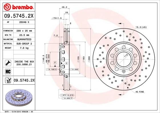 Brembo 09.5745.2X - Тормозной диск abcparts.ee