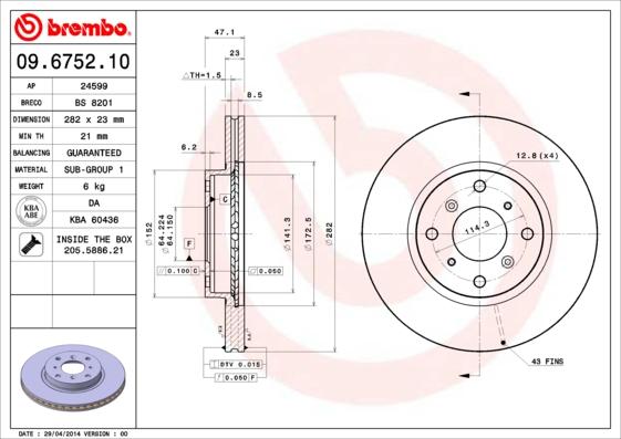 Brembo 09.6752.10 - Тормозной диск abcparts.ee