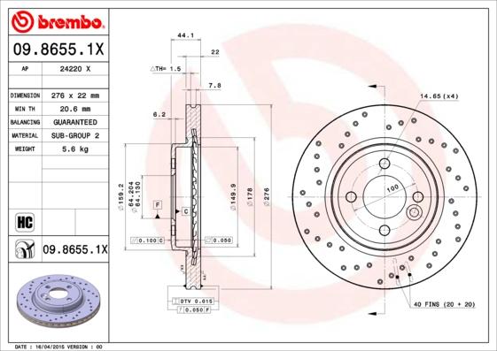 Brembo 09.8655.1X - Тормозной диск abcparts.ee