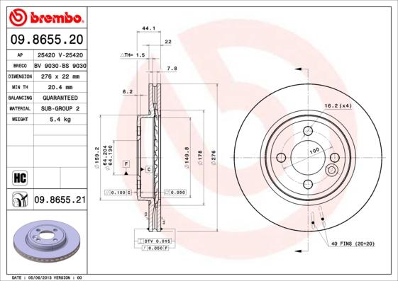 Brembo 09.8655.20 - Тормозной диск abcparts.ee