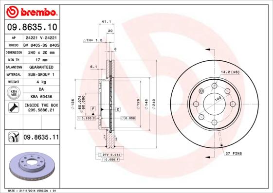 Brembo 09.8635.10 - Тормозной диск abcparts.ee