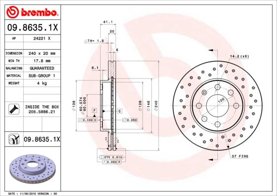 Brembo 09.8635.1X - Тормозной диск abcparts.ee