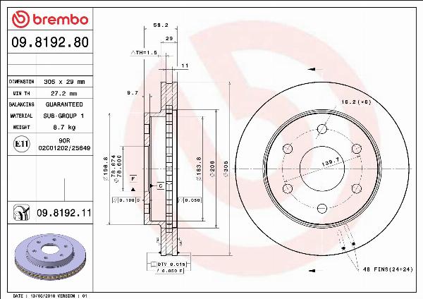 Brembo 09.8192.81 - Тормозной диск abcparts.ee