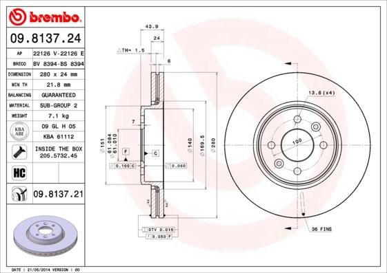 Brembo 09.8137.21 - Тормозной диск abcparts.ee