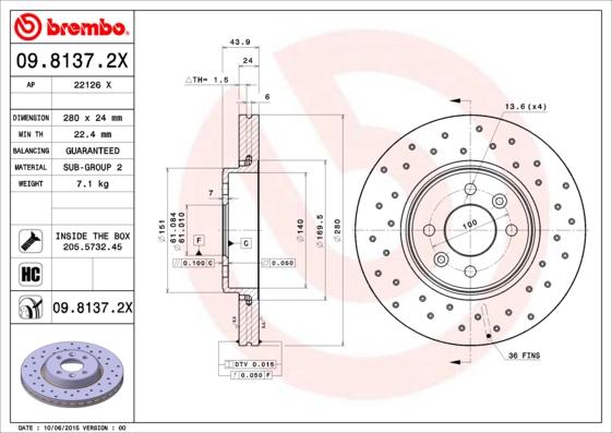 Brembo 09.8137.2X - Тормозной диск abcparts.ee