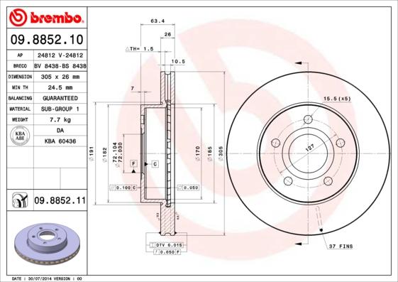Brembo 09.8852.10 - Тормозной диск abcparts.ee