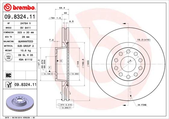 Brembo 09.8324.11 - Тормозной диск abcparts.ee