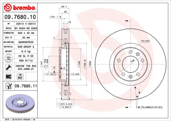 Brembo 09.7680.10 - Тормозной диск abcparts.ee