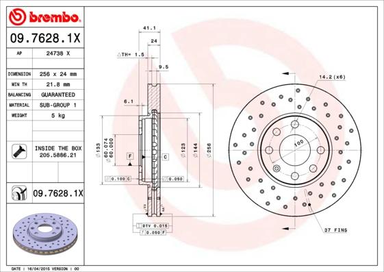 Brembo 09.7628.1X - Тормозной диск abcparts.ee