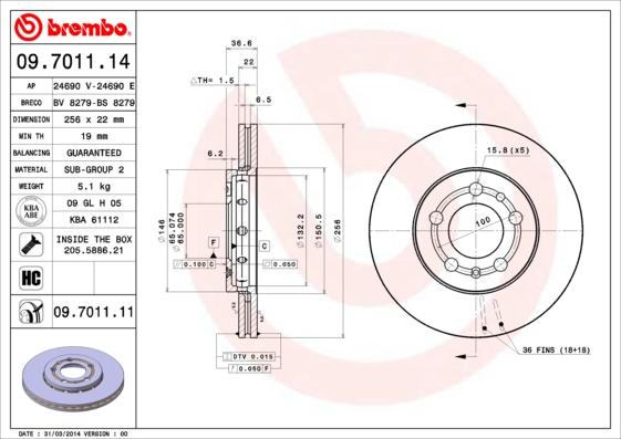Brembo 09.7011.11 - Тормозной диск abcparts.ee