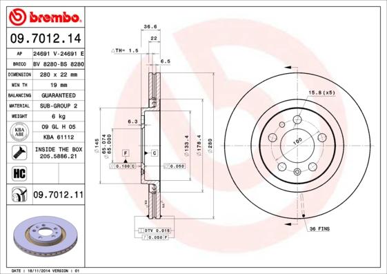 Brembo 09.7012.11 - Тормозной диск abcparts.ee