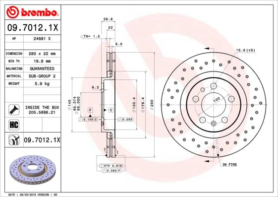 Brembo 09.7012.1X - Тормозной диск abcparts.ee