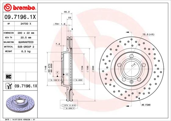 Brembo 09.7196.1X - Тормозной диск abcparts.ee