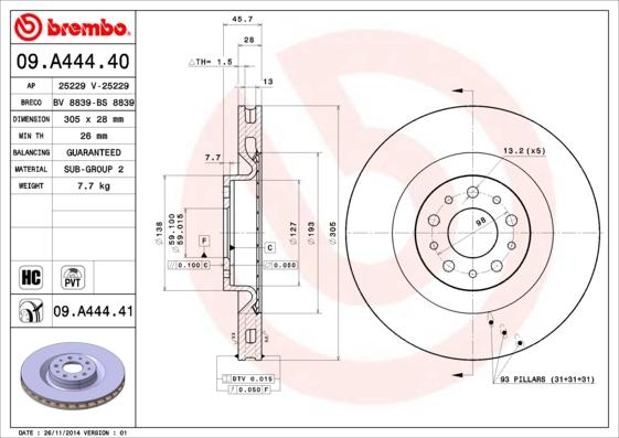 Brembo 09.A444.40 - Тормозной диск abcparts.ee
