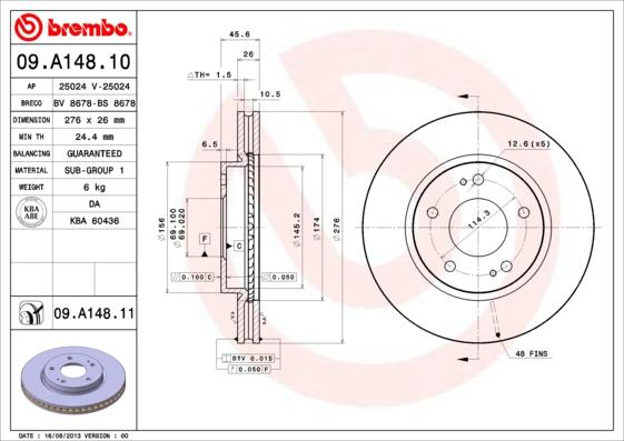 Brembo 09.A148.10 - Тормозной диск abcparts.ee