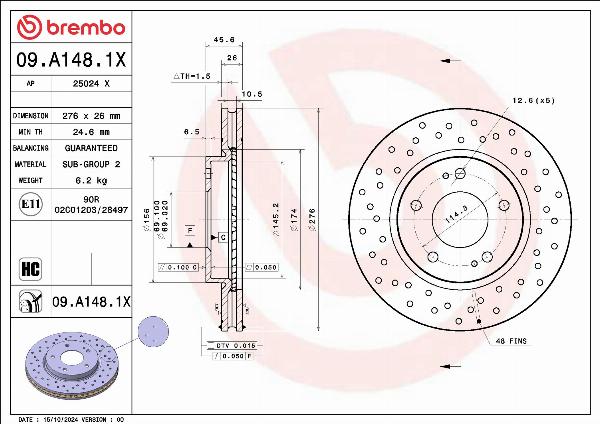 Brembo 09.A148.1X - Тормозной диск abcparts.ee
