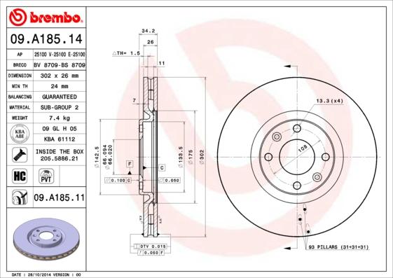 Brembo 09.A185.11 - Тормозной диск abcparts.ee