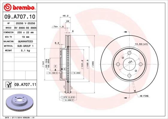 Brembo 09.A707.11 - Тормозной диск abcparts.ee