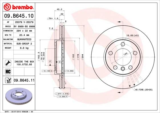Brembo 09.B645.10 - Тормозной диск abcparts.ee