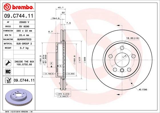 Brembo 09.C744.11 - Тормозной диск abcparts.ee