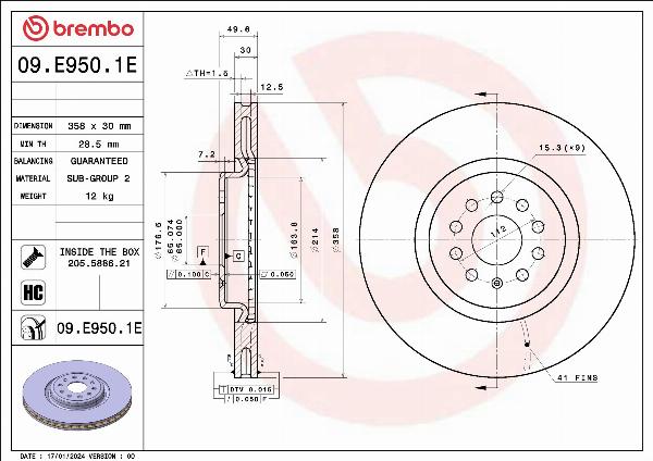 Brembo 09.E950.1E - Тормозной диск abcparts.ee