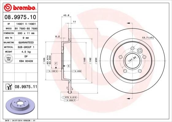 Brembo 08.9975.10 - Тормозной диск abcparts.ee