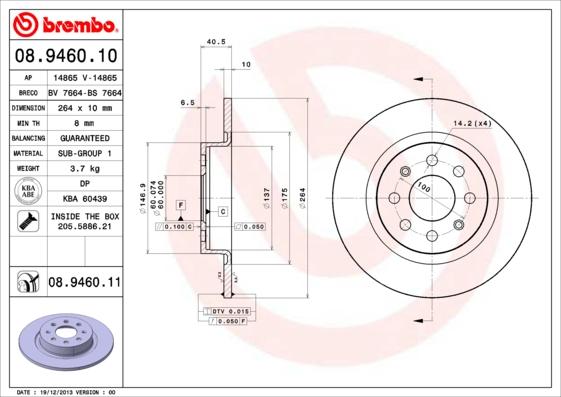 Brembo 08.9460.10 - Тормозной диск abcparts.ee