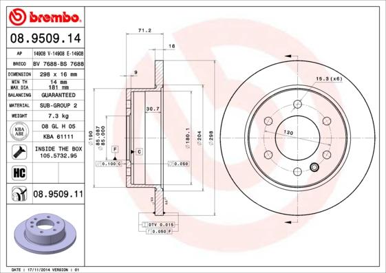 Brembo 08.9509.11 - Тормозной диск abcparts.ee