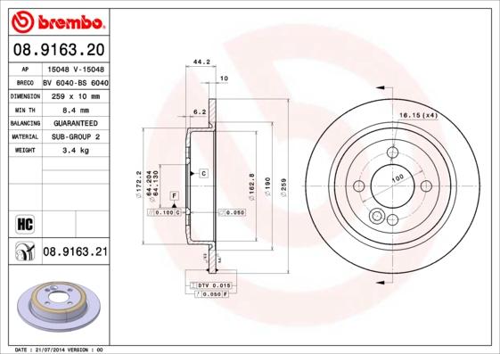 Brembo 08.9163.20 - Тормозной диск abcparts.ee
