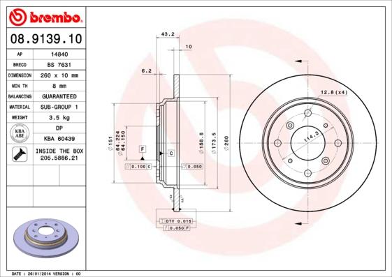 Brembo 08.9139.10 - Тормозной диск abcparts.ee