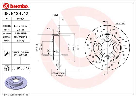 Brembo 08.9136.1X - Тормозной диск abcparts.ee